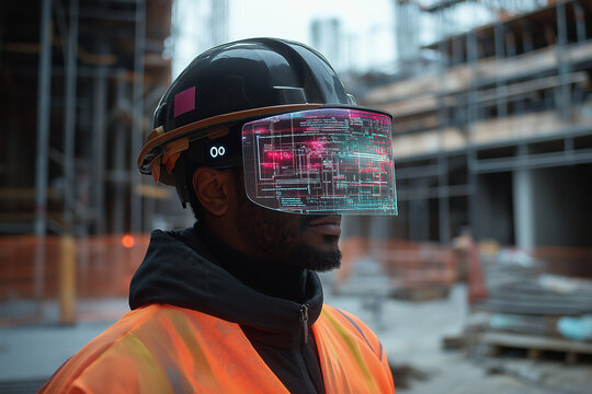 Construction Worker with Futuristic HUD at Construction Site - Powered by Adobe