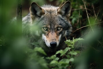 Fototapeta premium Majestic wolf peers through foliage in a lush forest setting during early morning hours