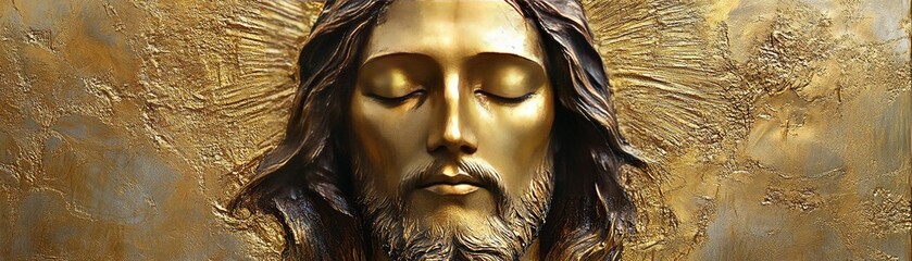 Golden representation of christ religious artwork artistic setting spiritual environment close-up view reverent concept