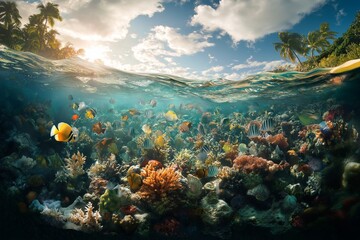 Fototapeta premium Half-Underwater Coral Reef and Tropical Beach Paradise Scene