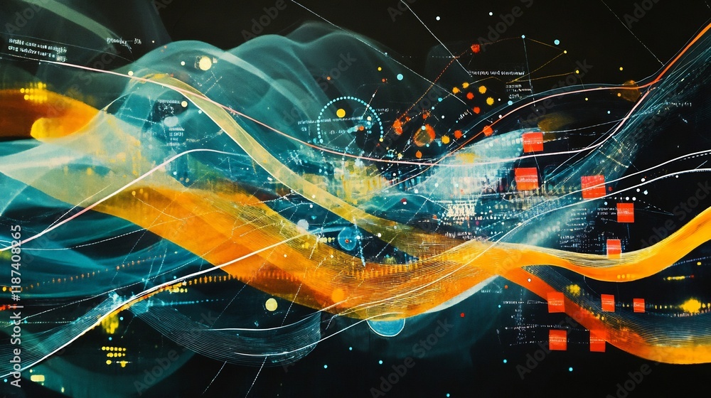Poster Abstract representation of sale strategy featuring symbolic charts interwoven layers representing market alignment