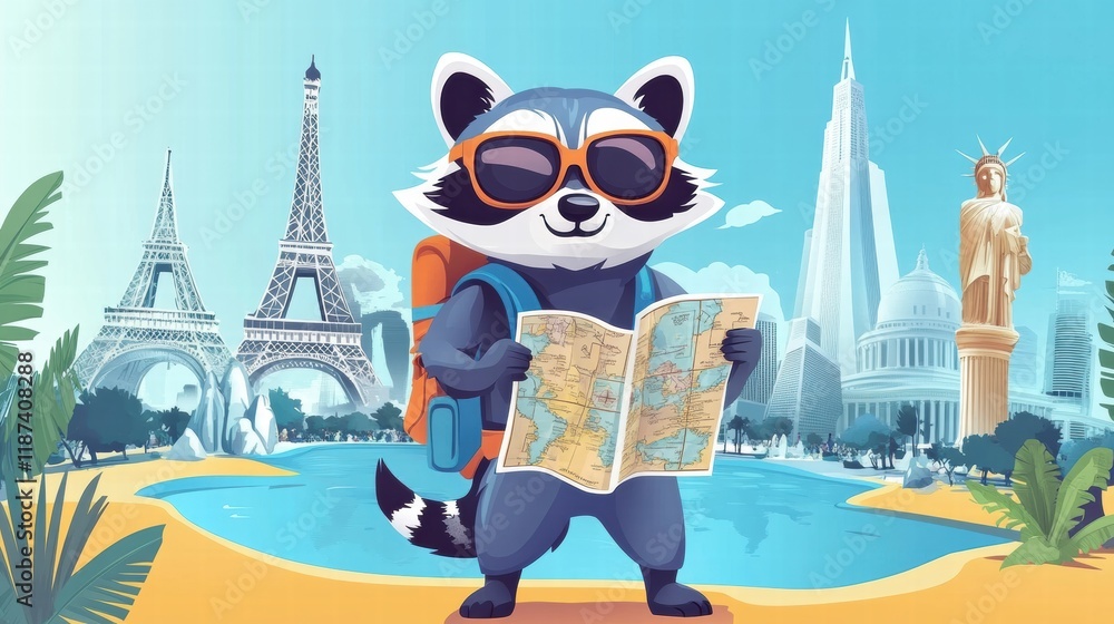 Aufkleber raccoon adventurer exploring famous landmarks with a map and backpack during a sunny day. generative