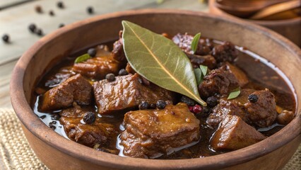 Tender pieces of adobo chicken and pork simmering in rich spices, a flavorful feast for any occasion