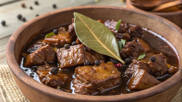 Tender pieces of adobo chicken and pork simmering in rich spices, a flavorful feast for any occasion