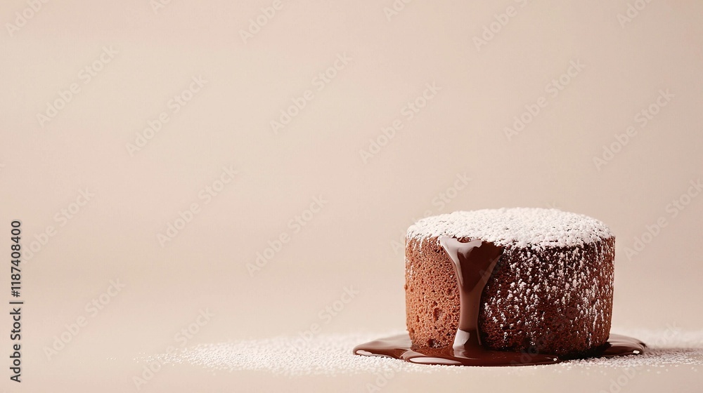 Poster a cake rests atop a table dusted with powdered sugar and adorned with a drizzle of chocolate sauce