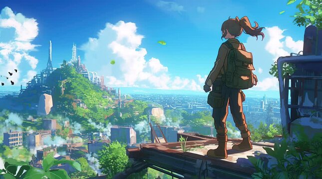Anime girl standing on a cliff, gazing at the horizon under a bright sunny sky, with a sense of adventure and freedom.
Seamless looping 4k time-lapse virtual video animation Generated AI