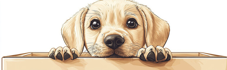 A playful illustration of a puppy labrador sitting inside a box, with large, curious eyes and exaggerated whiskers, drawn in a whimsical, child-friendly style