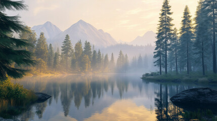 Bergsee spiegelt Berge im Morgennebel

