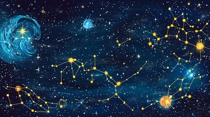 Vibrant scene of zodiac constellations featuring intricate celestial patterns cosmic balance
