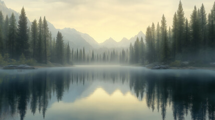 Fototapeta premium Bergsee spiegelt Berge im Morgennebel
