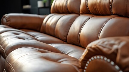 Naklejka premium Sofa featuring a built-in footrest and a smooth, luxurious leather finish 