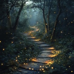 Obraz premium Enchanting pathway illuminated by fireflies in a mystical forest nature scene tranquil viewpoint
