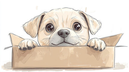 A playful illustration of a puppy labrador sitting inside a box, with large, curious eyes and exaggerated whiskers, drawn in a whimsical, child-friendly style