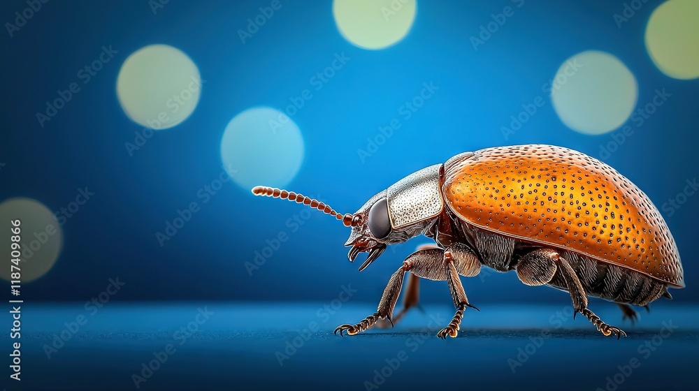 Poster close-up photo of a blue surface with fuzzy lights in the backdrop and a fuzzy image of a bug in the
