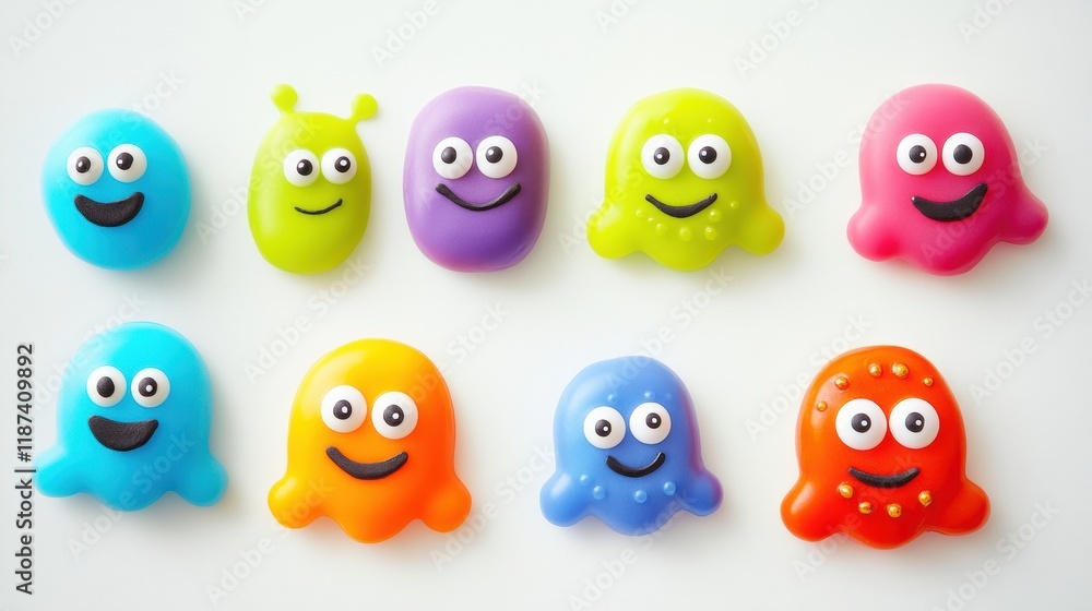 Poster Cheerful and colorful microbes with smiling faces creating a vibrant display. Generative AI