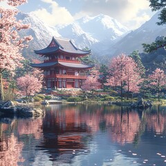 Fototapeta premium Serene cherry blossom festival at tranquil japanese temple scenic lake reflection peaceful nature setting