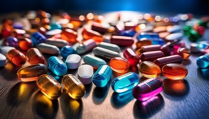 assorted pills of different colors spread on a table under vibrant lighting creating a dynamic and vivid scene