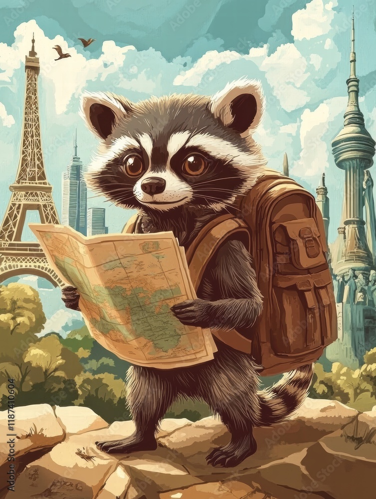 Aufkleber raccoon explores world landmarks with a map and backpack while enjoying global adventure. generative