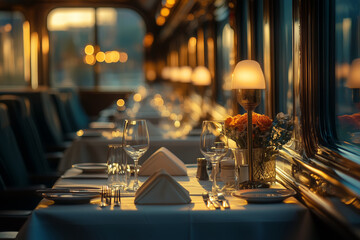 Elegant dining experience aboard a luxury train at sunset