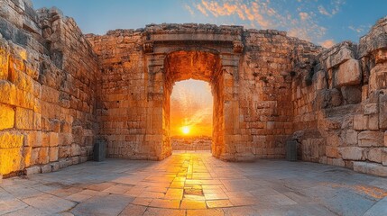 Roman arch ruins at sunset, Jerash, Jordan.