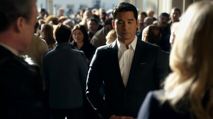 Businessman in suit standing still with eyes closed in crowded area, possibly a protest or demonstration