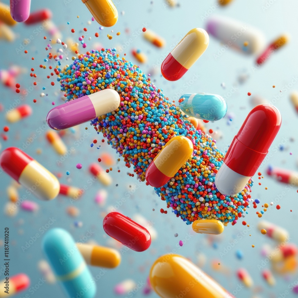 Poster pills dynamically encircle and combat bacteria to symbolize advancements in medical research and tre