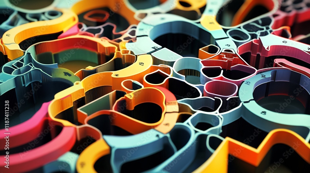 Poster abstract representation of corporate strategy featuring interlocking shape pathway symbolizing organ