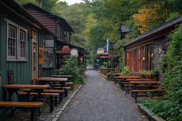 Quaint alley lined with charming cafes and rustic wooden benches in autumn