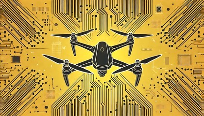 Minimalistic line art of futuristic drone with sleek blades, layered over yellow abstract background with circuit like designs.