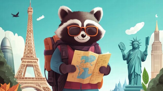 Raccoon exploring world landmarks with a map and backpack in vibrant city setting. Generative AI