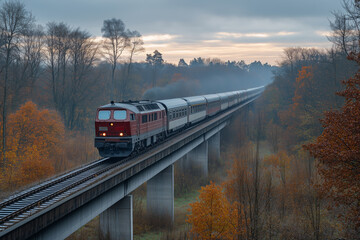 Express train navigates dramatic railway bridge amidst autumn foliage