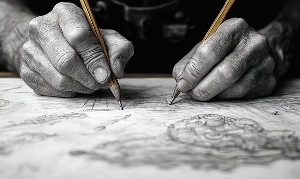 Aged hands sketching detailed drawing, pencils.