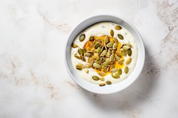 Fototapeta premium Healthy breakfast bowl with Greek yogurt, pumpkin seeds (pepitas), and honey served on a white marble background