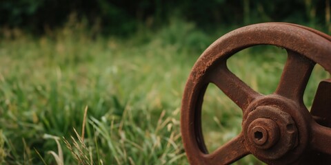 A close-up of a weathered rusty wheel resting on lush green grass, symbolizing time's passage and the beauty found in forgotten relics within nature.