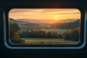 Golden hues painting the landscape through a train window in Europe