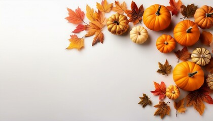 autumnal border of pumpkins and leaves on a white history best for fall and thanksgiving designs