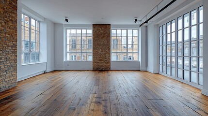 Obraz premium Empty loft apartment with exposed brick wall, hardwood floors, and large windows.