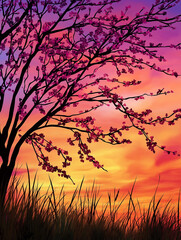 Obraz premium Blühender Kirschbaumweg mit sanfter Lichtstimmung im Frühling