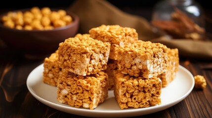 Stack of sweet homemade crispy cereal bars dessert on a white plate against a rustic wooden background.