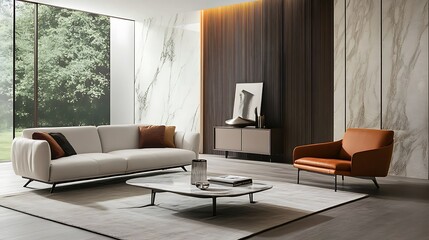 Sofa with a clean, minimalist design, featuring slim metal legs and soft fabric 