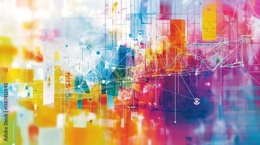 Poster abstract representation of affiliate marketing featuring interconnected layer symbolic patterns repr