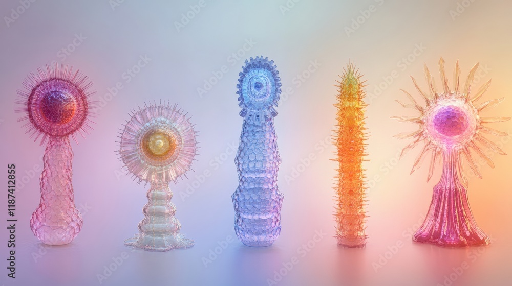 Poster progression of virus forms from simple structures to complex organisms in scientific illustration. g