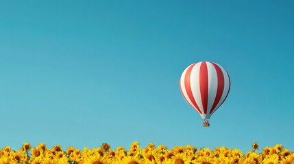 Fototapeta premium A red and white hot air balloon soaring over golden sunflower fields on a bright blue sky