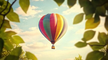 Fototapeta premium A vivid hot air balloon glides through azure skies, surrounded by verdant foliage and fluffy white clouds
