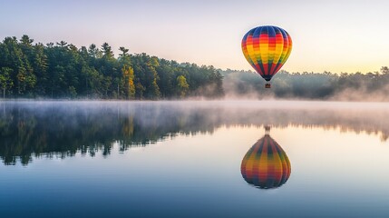 Fototapeta premium A hazy hot air balloon soars above a murky lake and misty woods