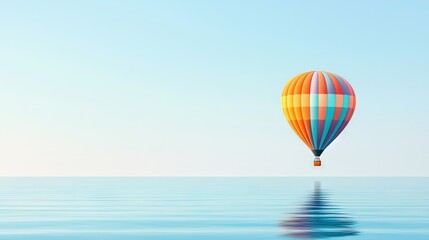   Colorful hot air balloon soaring over vast water body reflecting azure sky