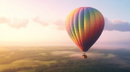 Fototapeta premium A large blue-sky flying hot air balloon over a lush green forest with a person inside