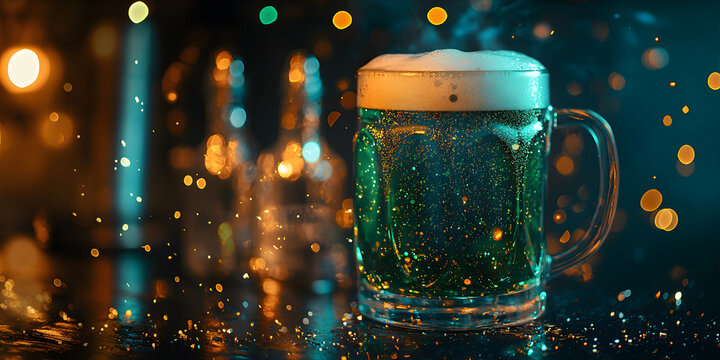 St. Patrick day green beer, Glass mug with a craft beer. Special offer beer. Illustration for flyers, design. Festive Irish pub background. - Powered by Adobe