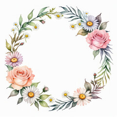 Fototapeta premium Elegant floral wreath featuring roses and daisies with greenery for creative design