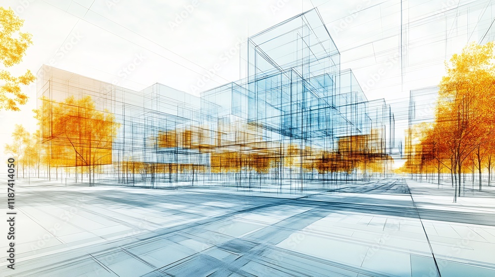 Poster Abstract rendering of urban planning layered geometric line representing road building open space